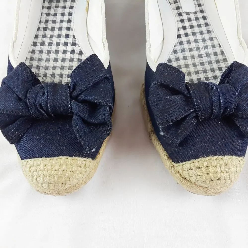 LIZ & CO Denim Wedge Espadrilles Flats Size 8.5M Bow Preppy Coastal Nautical - Picture 7 of 9